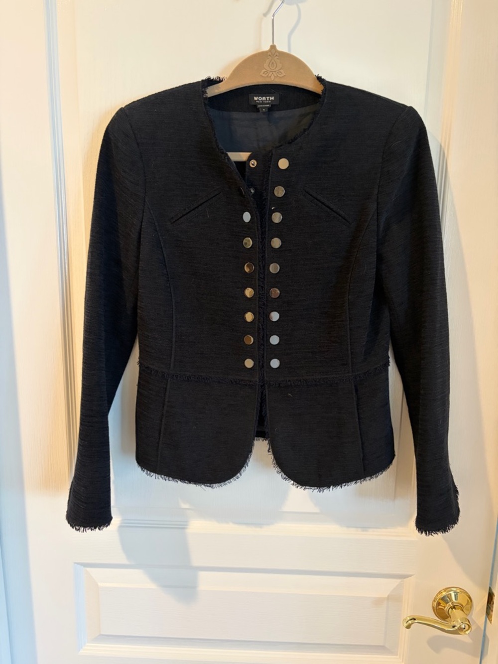 Worth Black Fringe-Trim Snap Button-Front Blazer